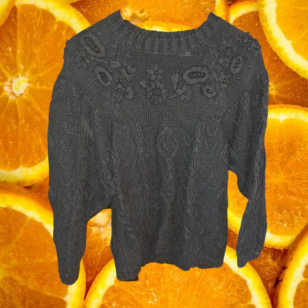 Adrianna Papell Black Crew Neck Floral Knit Sweater Size Large